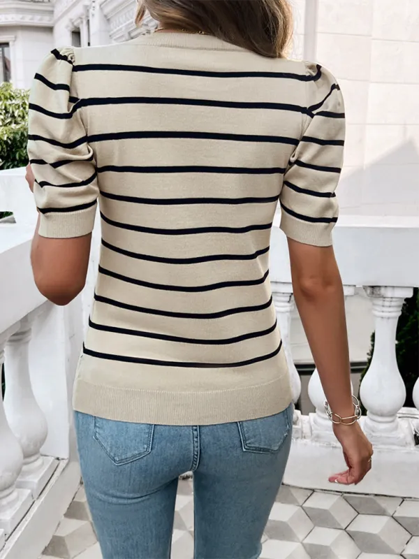 TEEK - Puff Sleeve Round Neck Striped Color Sweater