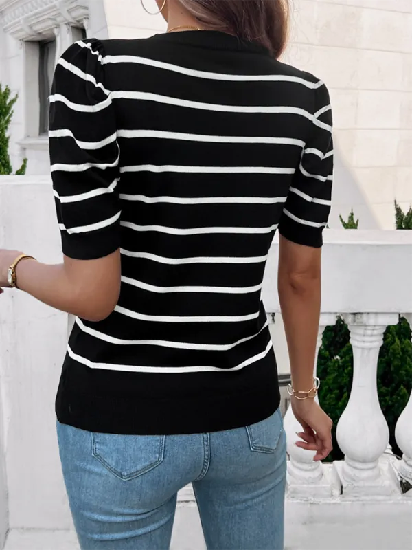 TEEK - Puff Sleeve Round Neck Striped Color Sweater