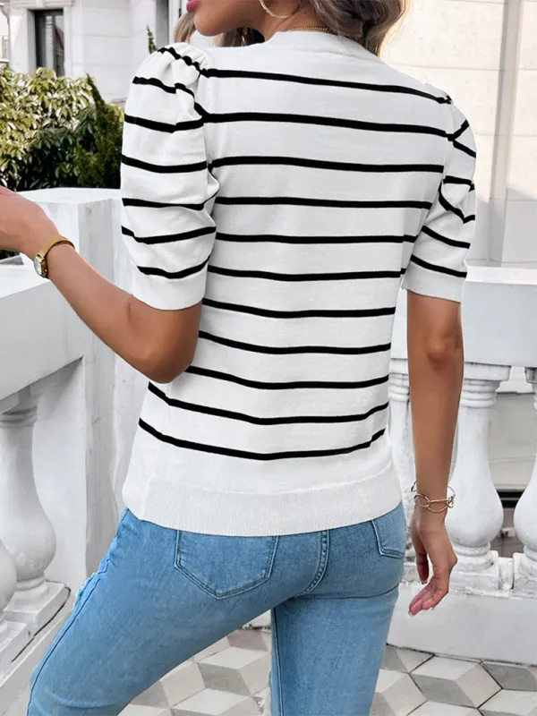 TEEK - Puff Sleeve Round Neck Striped Color Sweater