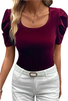 TEEK - Wine Scoop Neck Puff Sleeve Top