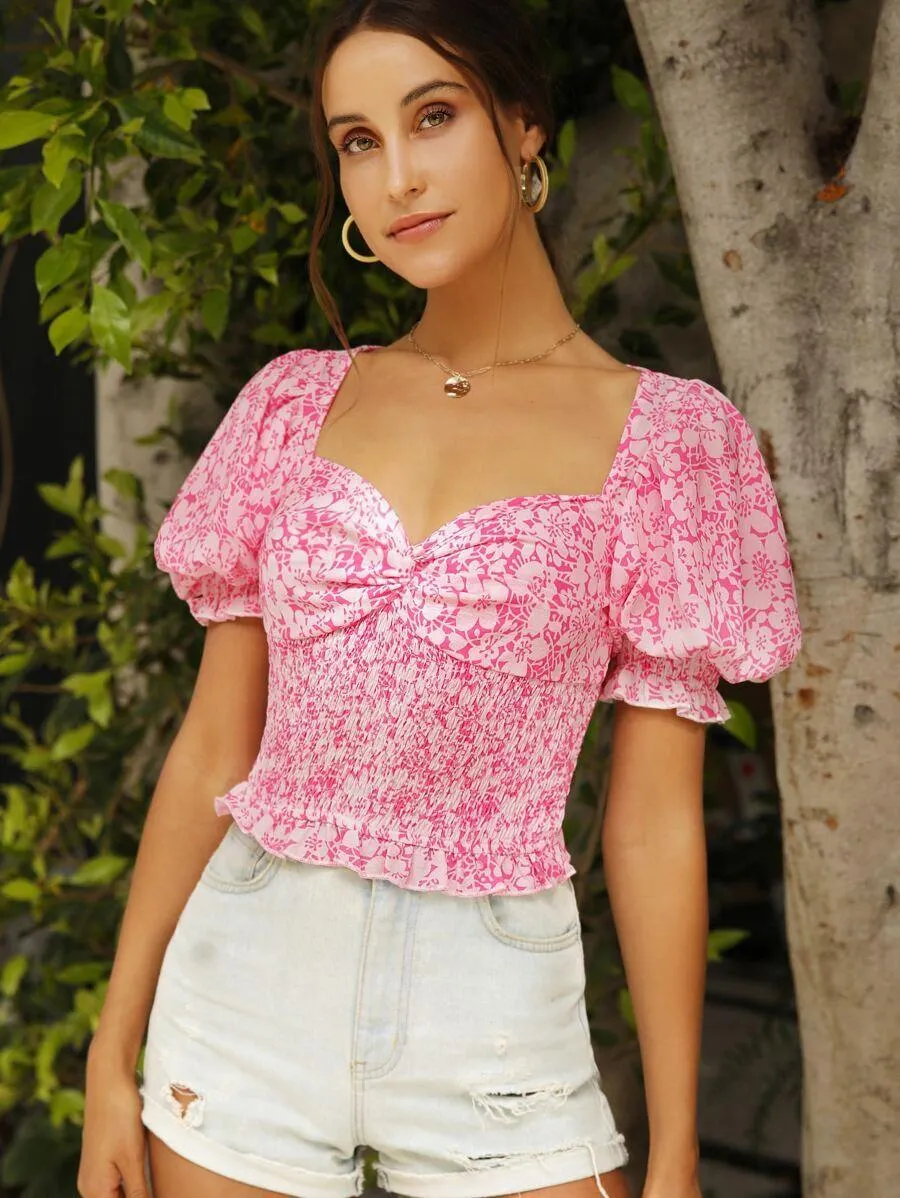 Twist Front Shirred Panel Puff Sleeve Milkmaid Top