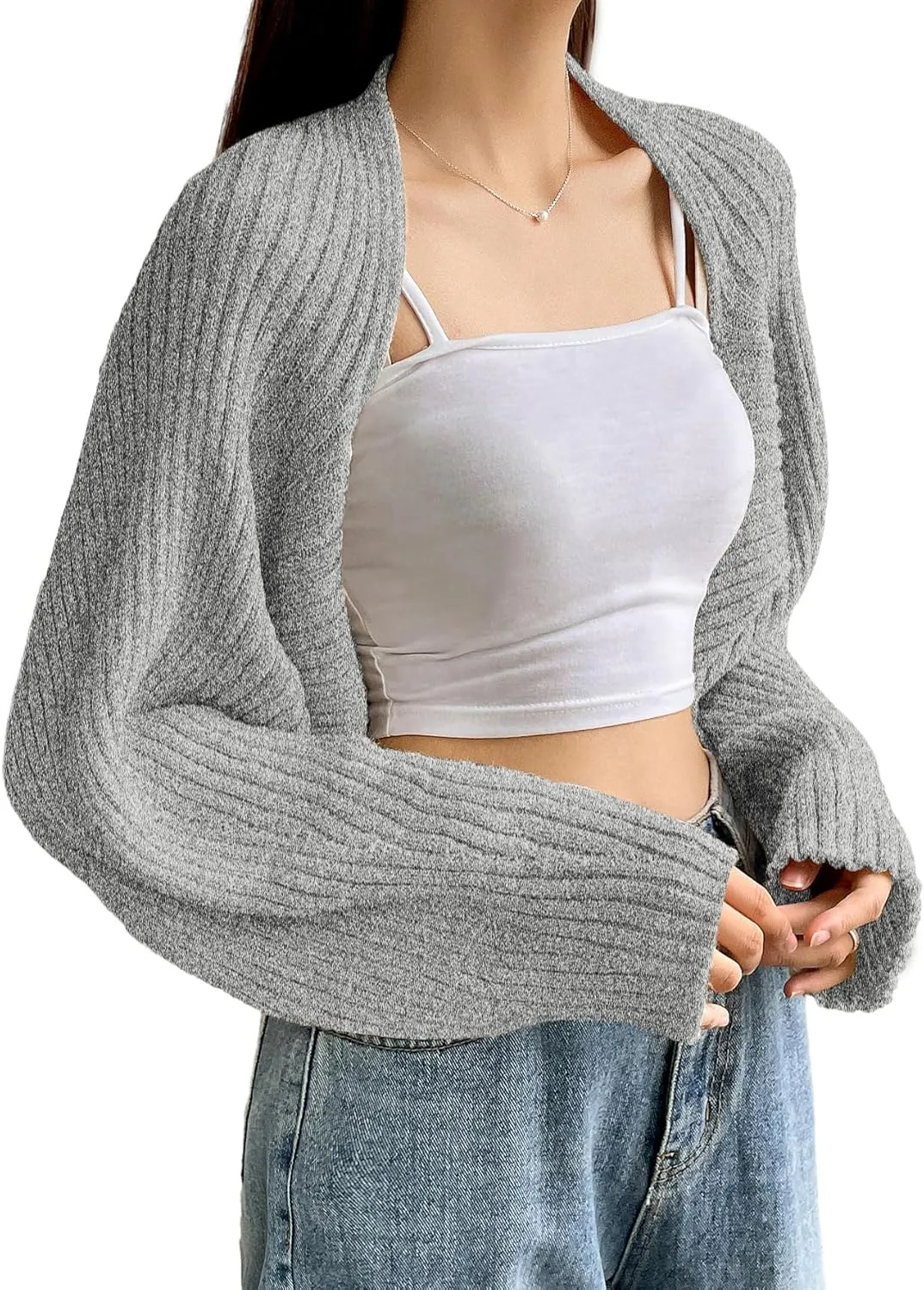 Verdusa Women's Long Sleeve Open Front Knitted Crop Cardigan Sweater Shrug