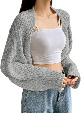 Verdusa Women's Long Sleeve Open Front Knitted Crop Cardigan Sweater Shrug