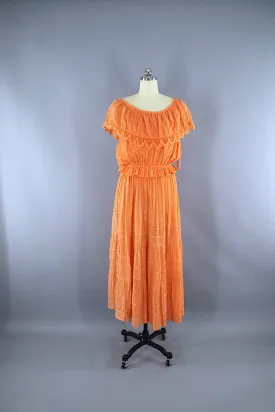 Vintage Cotton Gauze Crochet Blouse & Skirt Set / Orange Ombre