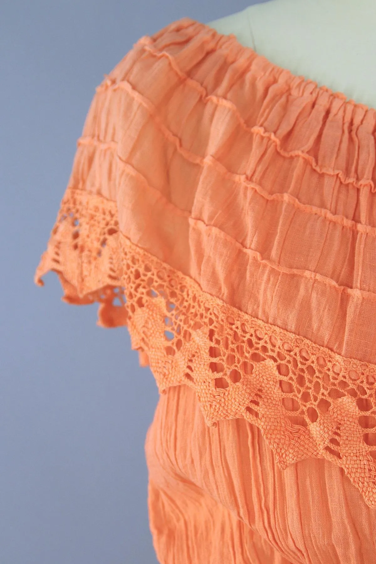 Vintage Cotton Gauze Crochet Blouse & Skirt Set / Orange Ombre