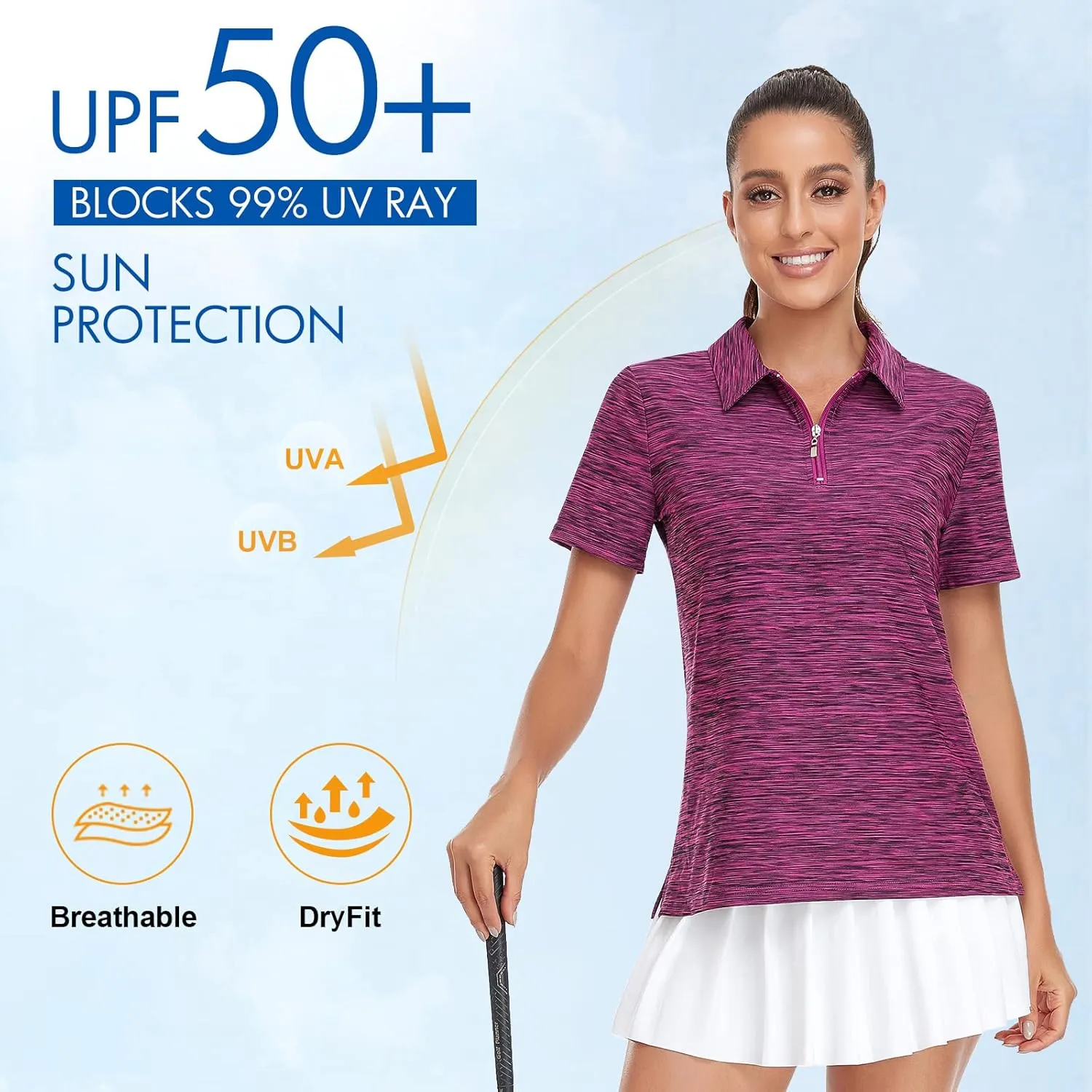 Viracy Womens Golf Shirt UPF50  Sun Protection Short Sleeve 1/4 Zip Up Polo Workout Tops Fast Dry Fit Moisture Wicking