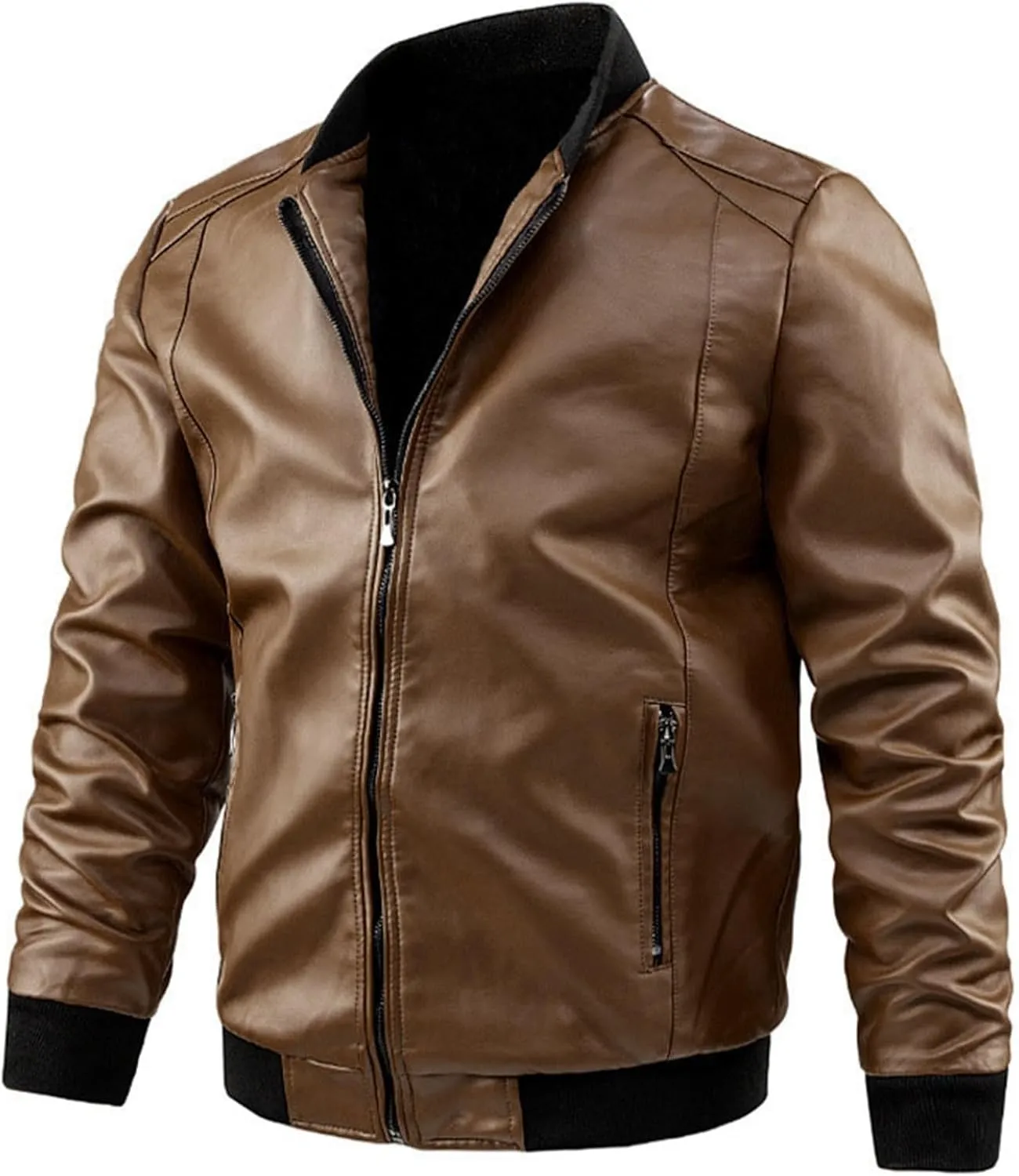 Winter Jackets for Men Loose Solid Color Zip PU Leather Jacket Short Lapel Motorcycle Leather Jacket Coat Leather