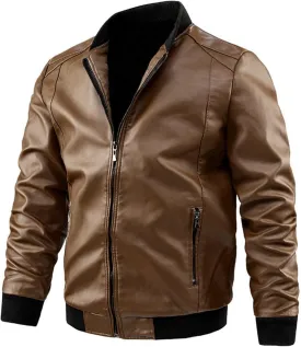 Winter Jackets for Men Loose Solid Color Zip PU Leather Jacket Short Lapel Motorcycle Leather Jacket Coat Leather