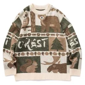 WLS Embroidered Vintage Animal Rounded Collar Sweater