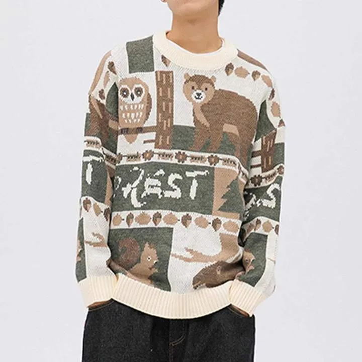WLS Embroidered Vintage Animal Rounded Collar Sweater
