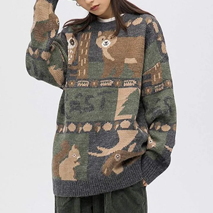 WLS Embroidered Vintage Animal Rounded Collar Sweater