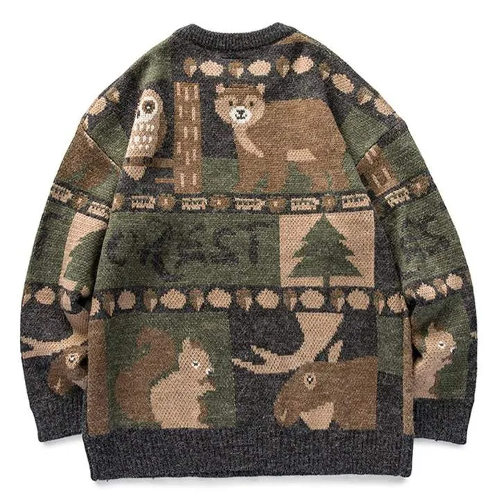 WLS Embroidered Vintage Animal Rounded Collar Sweater