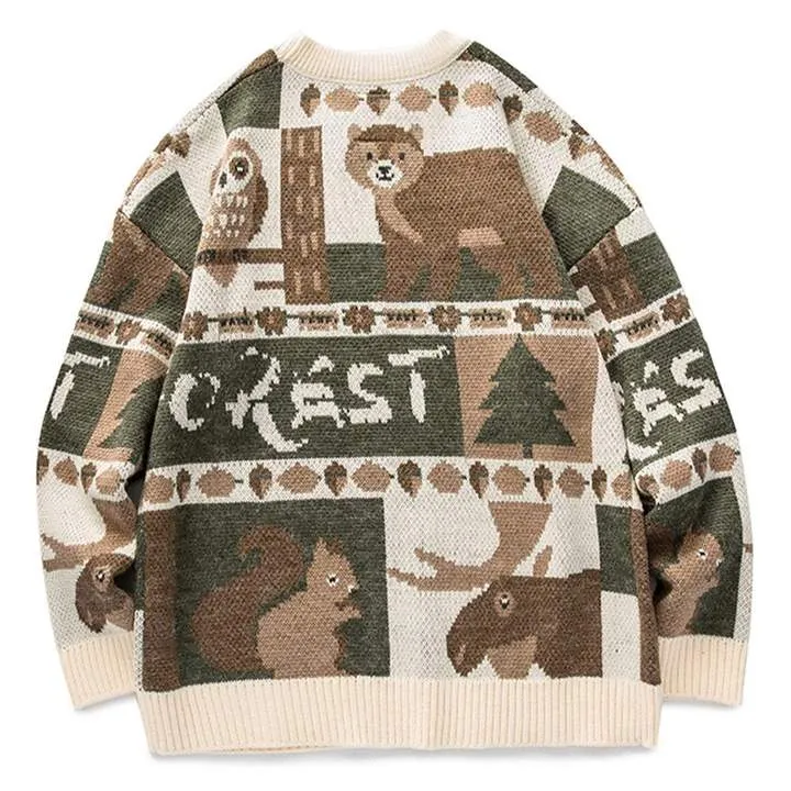 WLS Embroidered Vintage Animal Rounded Collar Sweater