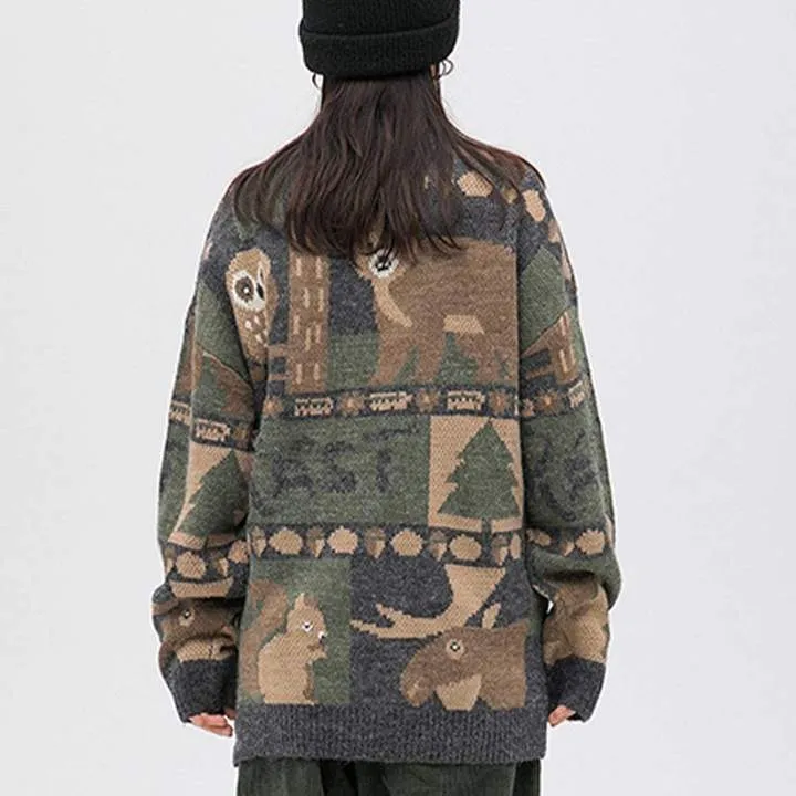 WLS Embroidered Vintage Animal Rounded Collar Sweater