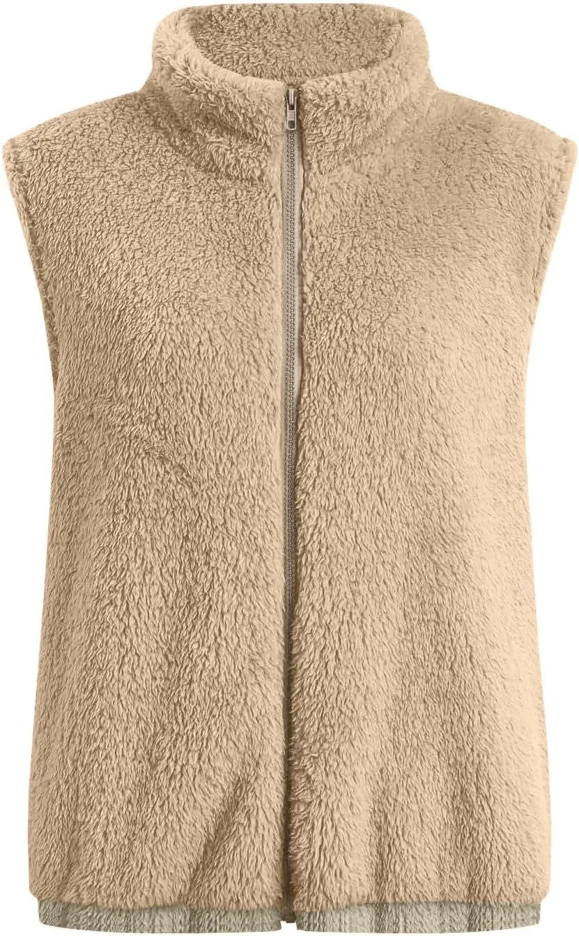 Women Fleece Vest Casual Sleeveless Sherpa Jacket Zip Up Stand Collar Fuzzy Jacket Casual Sherpa Vest with Pocket