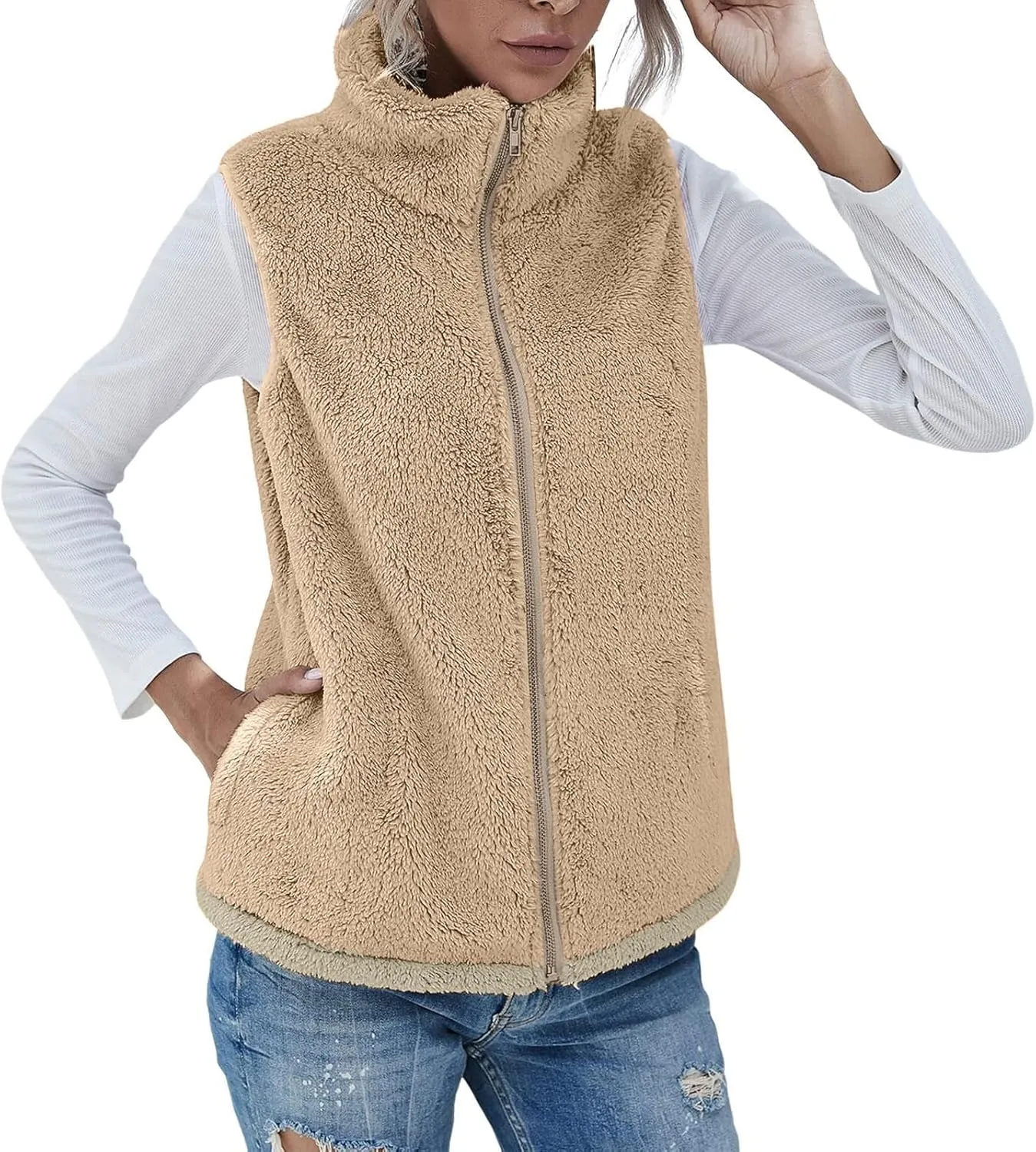 Women Fleece Vest Casual Sleeveless Sherpa Jacket Zip Up Stand Collar Fuzzy Jacket Casual Sherpa Vest with Pocket