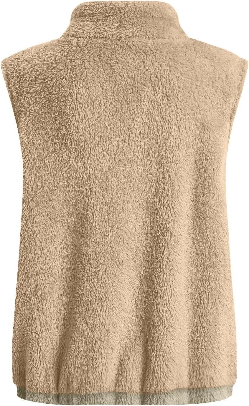 Women Fleece Vest Casual Sleeveless Sherpa Jacket Zip Up Stand Collar Fuzzy Jacket Casual Sherpa Vest with Pocket