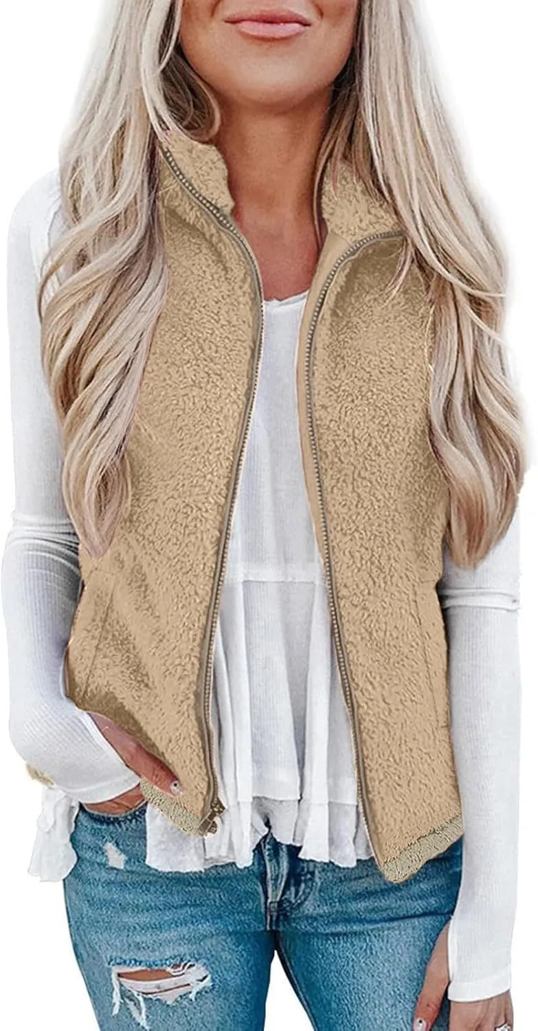 Women Fleece Vest Casual Sleeveless Sherpa Jacket Zip Up Stand Collar Fuzzy Jacket Casual Sherpa Vest with Pocket