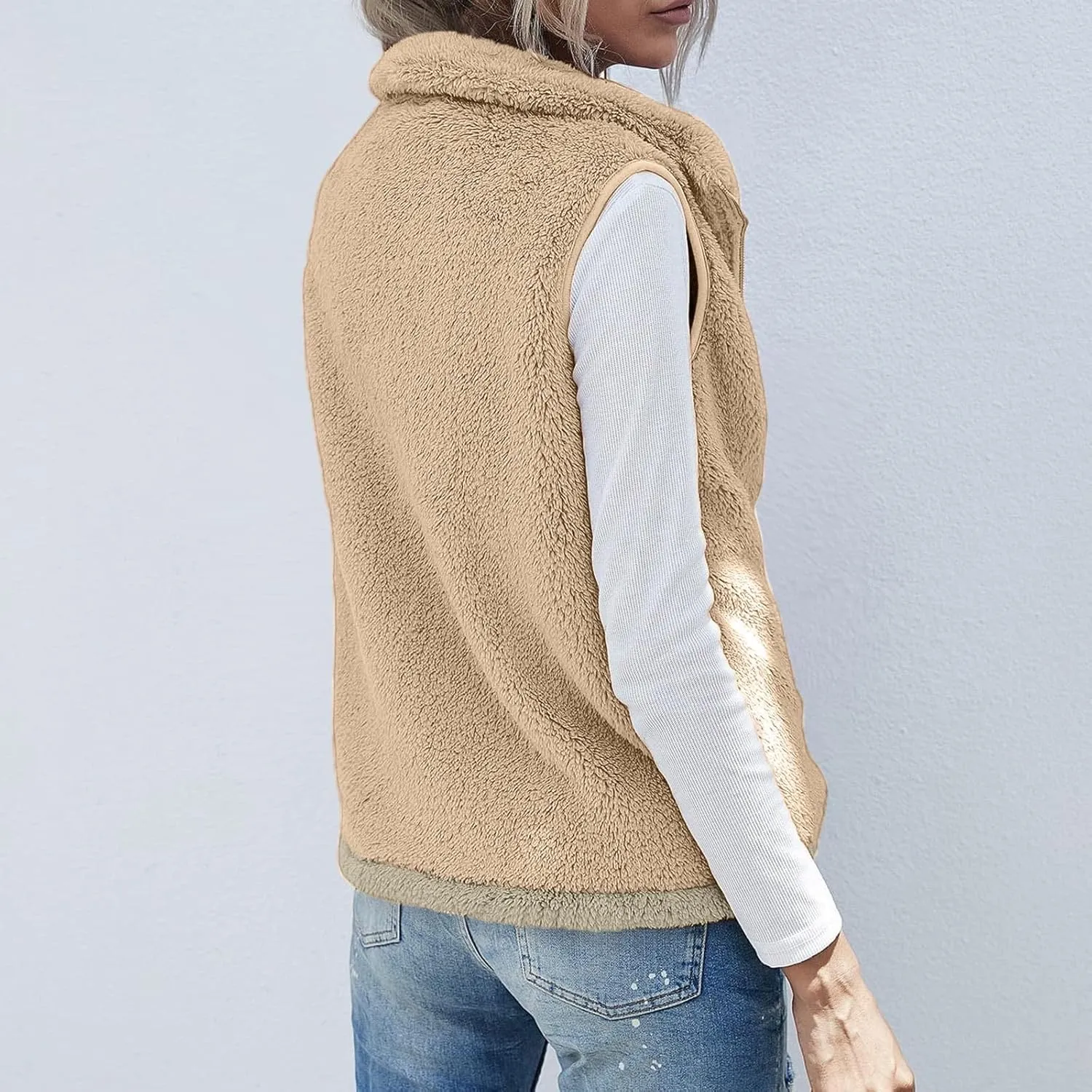 Women Fleece Vest Casual Sleeveless Sherpa Jacket Zip Up Stand Collar Fuzzy Jacket Casual Sherpa Vest with Pocket