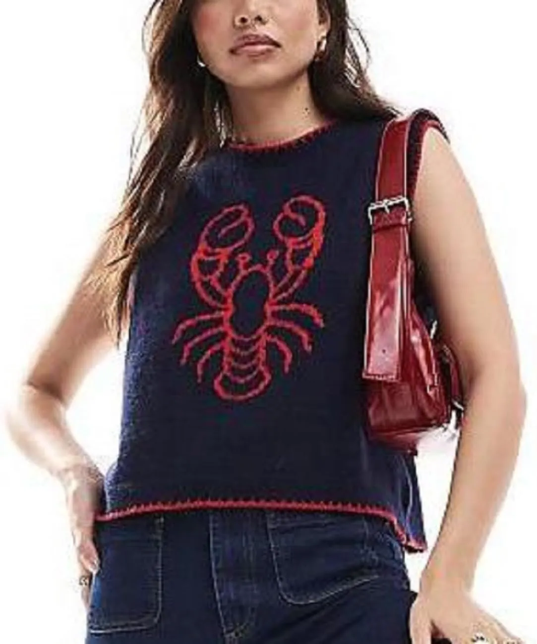 Women Graphic Sweater Vest Y2k Sleeveless Lobster Pullover Top Crew Neck Lightweight Fall Knit Tank Top