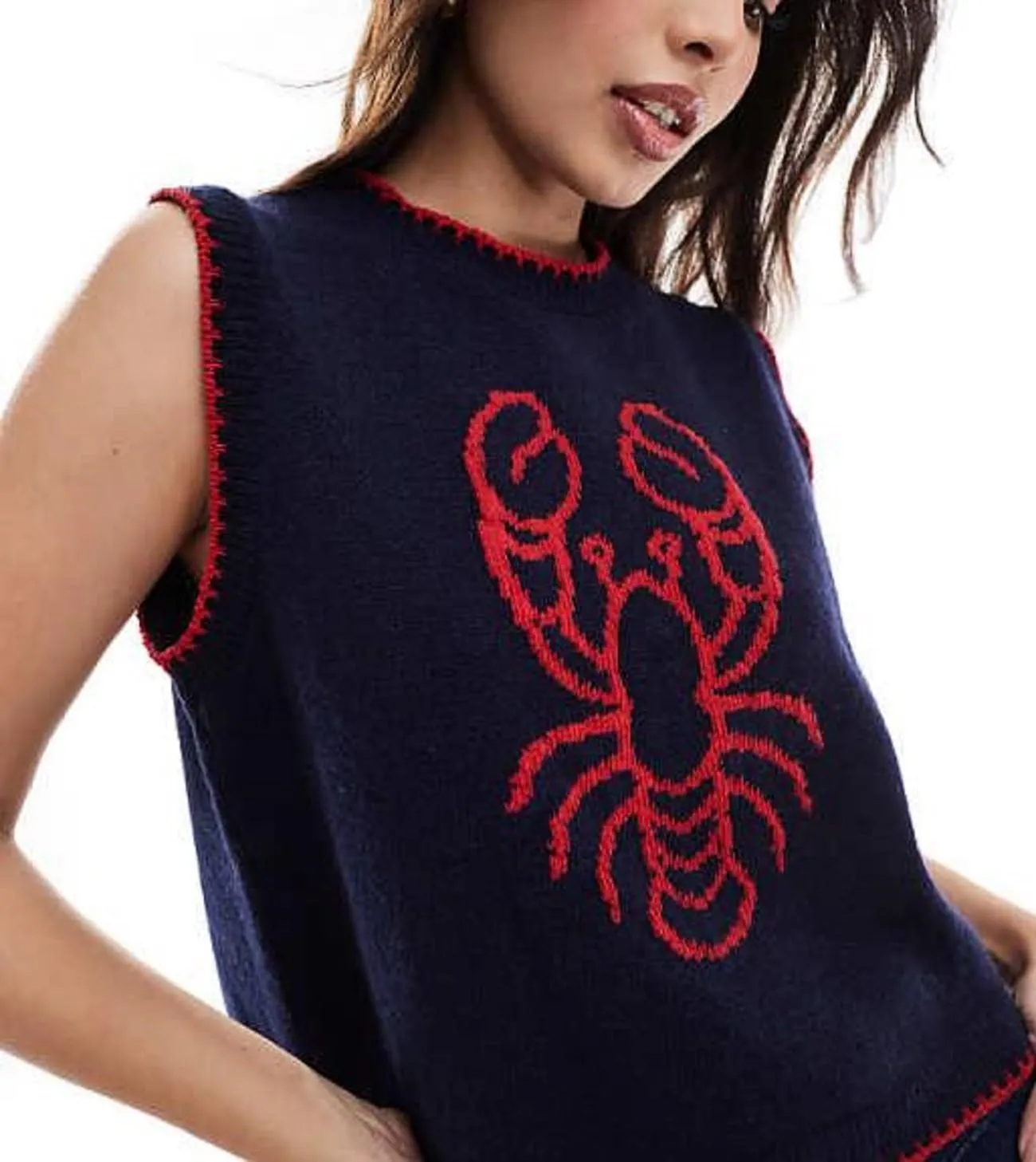 Women Graphic Sweater Vest Y2k Sleeveless Lobster Pullover Top Crew Neck Lightweight Fall Knit Tank Top
