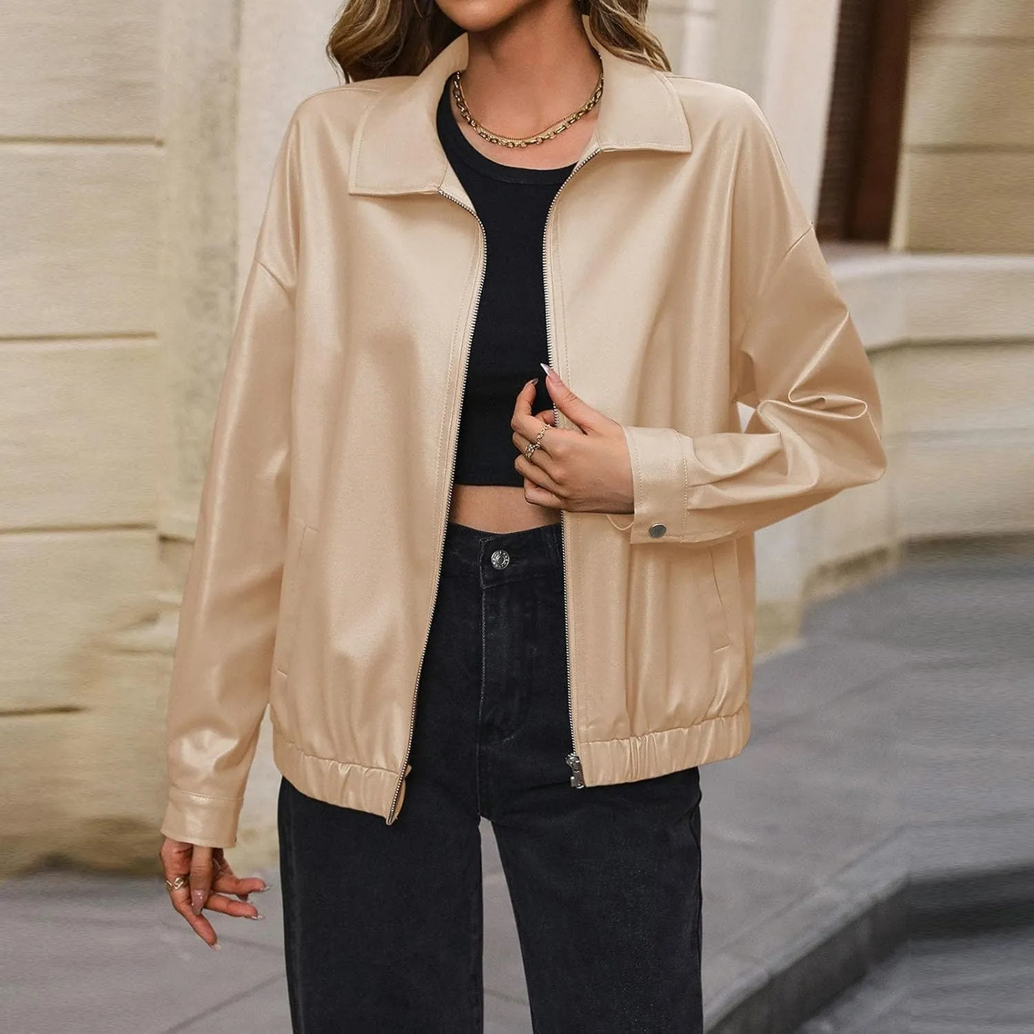 Women Leather Jacket Casual Zip Up Trendy Bomber Motorcycle Jacket Pu Moto Biker Coat Leather Shacket Outwear 2024