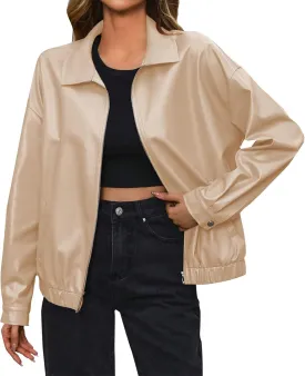 Women Leather Jacket Casual Zip Up Trendy Bomber Motorcycle Jacket Pu Moto Biker Coat Leather Shacket Outwear 2024