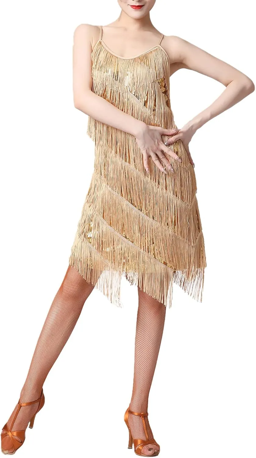 Women Salsa Latin Dance Dress Sequin Tassel Fringe Flapper Dress 1920s Gatsby Cocktail Dress Tango Ballroom Dancing Costume
