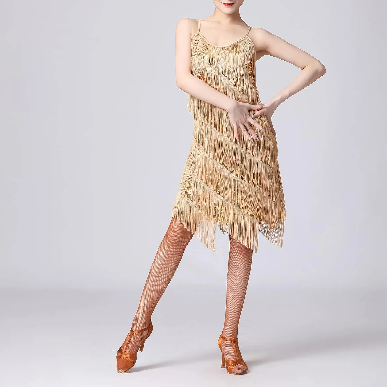 Women Salsa Latin Dance Dress Sequin Tassel Fringe Flapper Dress 1920s Gatsby Cocktail Dress Tango Ballroom Dancing Costume