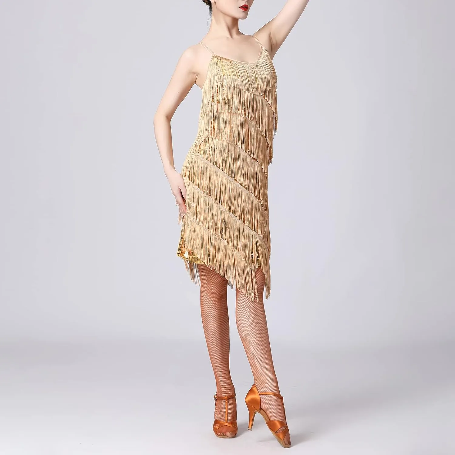 Women Salsa Latin Dance Dress Sequin Tassel Fringe Flapper Dress 1920s Gatsby Cocktail Dress Tango Ballroom Dancing Costume
