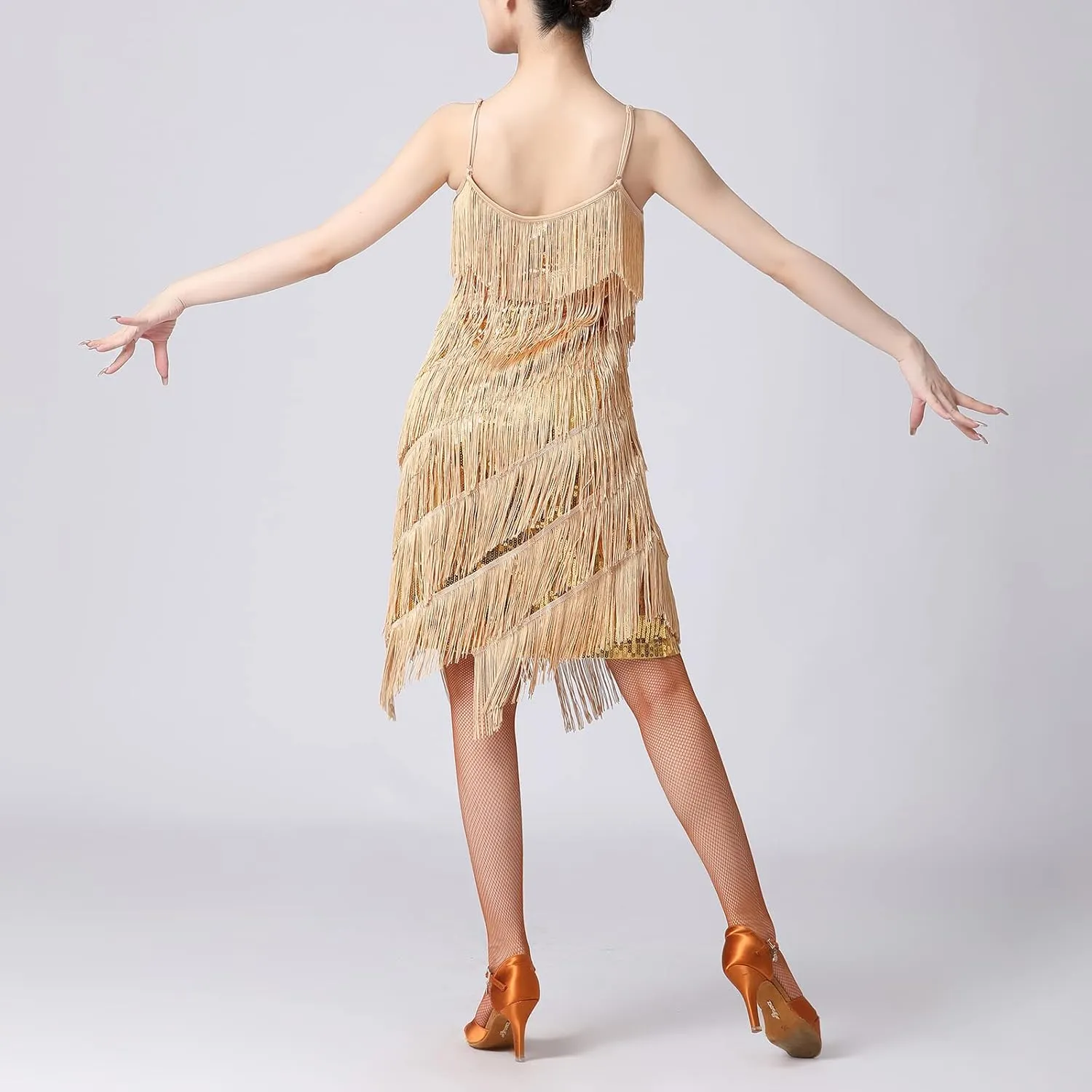Women Salsa Latin Dance Dress Sequin Tassel Fringe Flapper Dress 1920s Gatsby Cocktail Dress Tango Ballroom Dancing Costume
