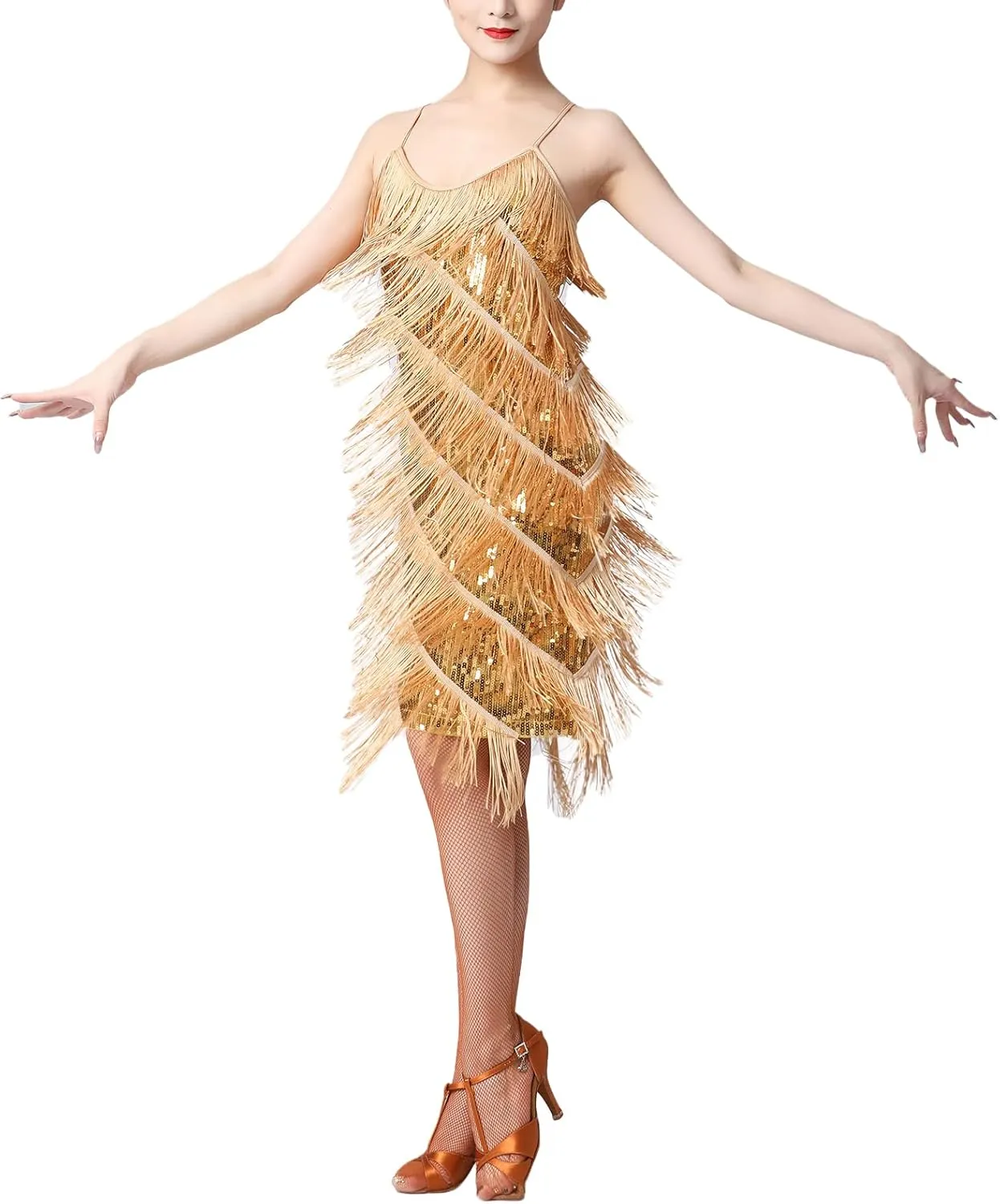 Women Salsa Latin Dance Dress Sequin Tassel Fringe Flapper Dress 1920s Gatsby Cocktail Dress Tango Ballroom Dancing Costume