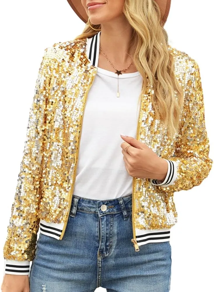Women Sequin Jacket Long Sleeve Front Zipper Ribbed Blazer Bomber Jacket