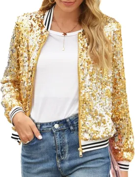 Women Sequin Jacket Long Sleeve Front Zipper Ribbed Blazer Bomber Jacket