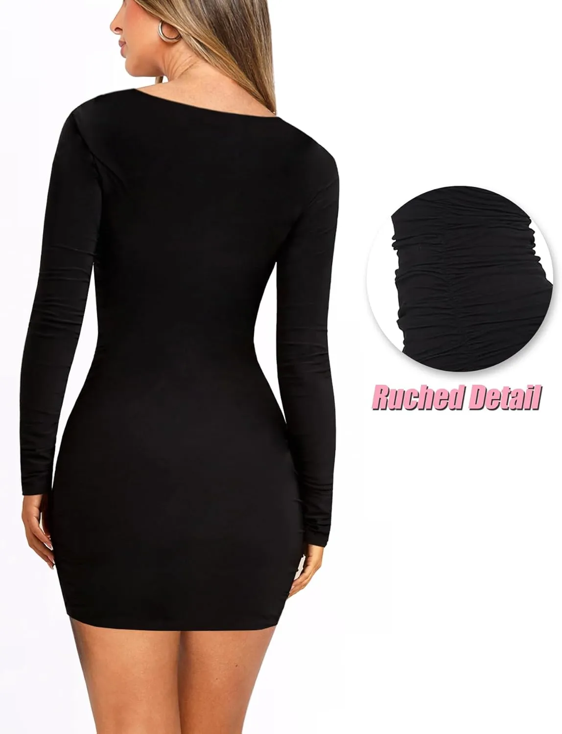 Women Square Neck Dress Black Long Sleeve Ruched Dresses Tight Mini Dress Bodycon Going Out Dress