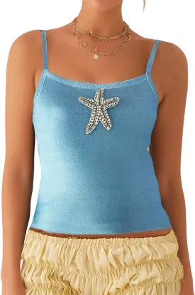 Women Starfish Tank Top Y2k Sequin Beaded Seashell Cami Tops Sleeveless Glitter Embroidered Knit Going Out Top