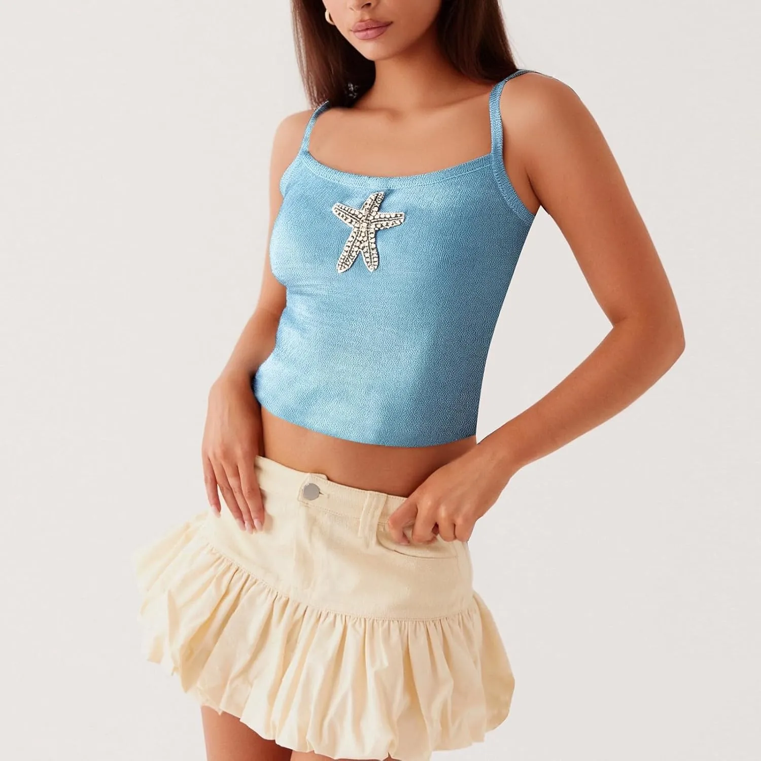 Women Starfish Tank Top Y2k Sequin Beaded Seashell Cami Tops Sleeveless Glitter Embroidered Knit Going Out Top