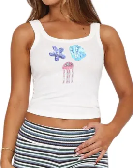 Women Starfish Tank Top Y2k Sequin Beaded Seashell Cami Tops Sleeveless Glitter Embroidered Knit Going Out Top