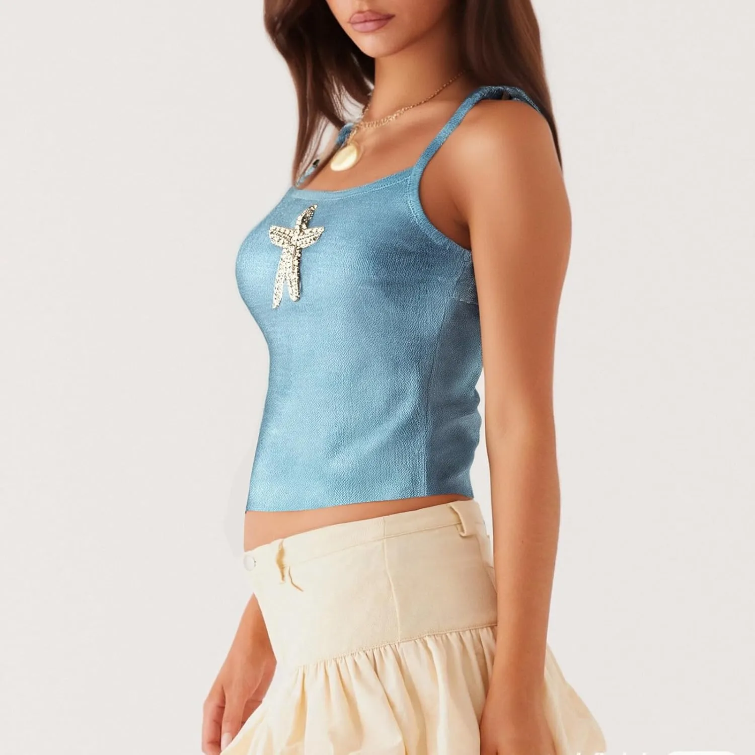 Women Starfish Tank Top Y2k Sequin Beaded Seashell Cami Tops Sleeveless Glitter Embroidered Knit Going Out Top