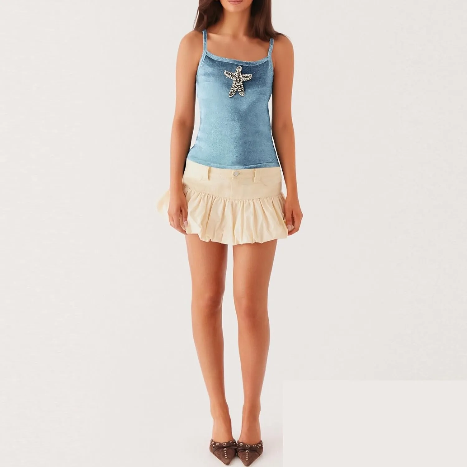 Women Starfish Tank Top Y2k Sequin Beaded Seashell Cami Tops Sleeveless Glitter Embroidered Knit Going Out Top