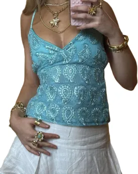 Women Y2K Sequin Mesh Tank Top Glitter Floral Embroidered Cami Crop Top Sleeveless Backless Rhinestone Camisole
