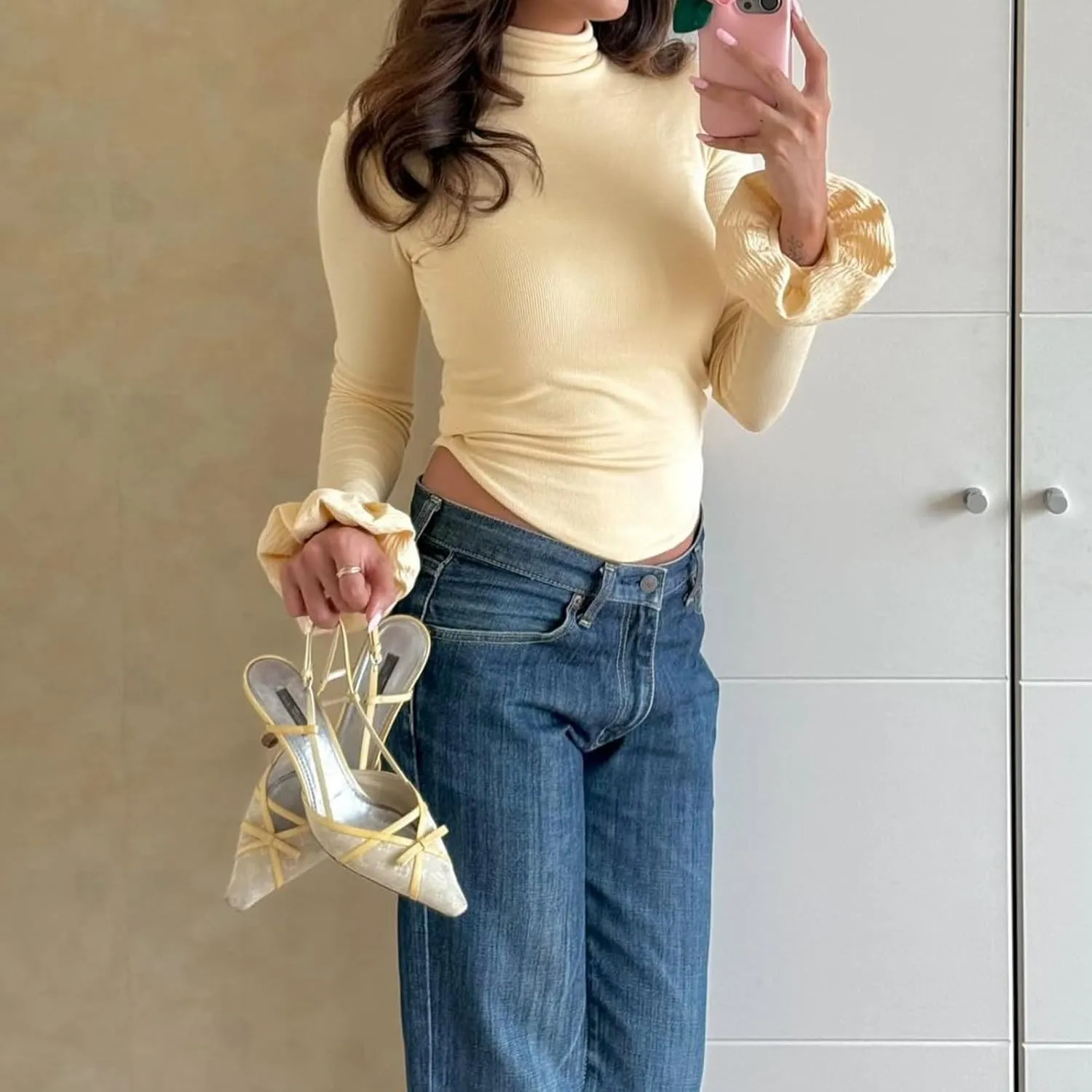 Women Y2k Turtleneck Rib Knit Top Long Sleeve Slim Fit Ruffled Cuffs Blouse Shirt Fall Aesthetic Going Out Top
