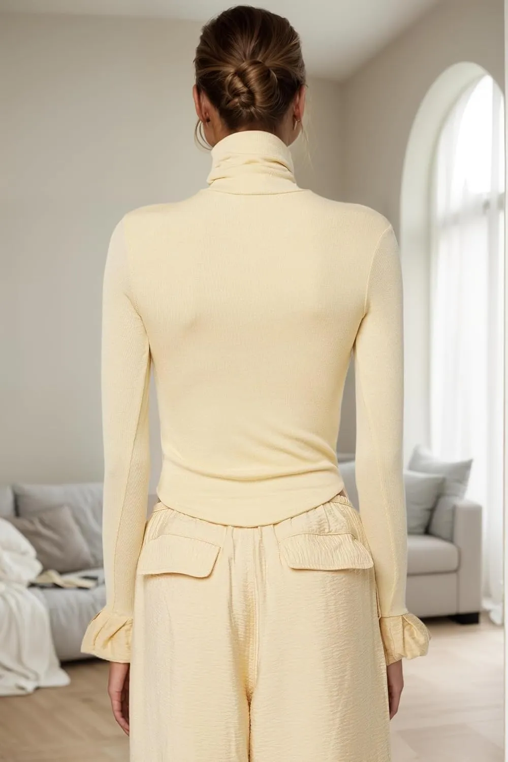 Women Y2k Turtleneck Rib Knit Top Long Sleeve Slim Fit Ruffled Cuffs Blouse Shirt Fall Aesthetic Going Out Top