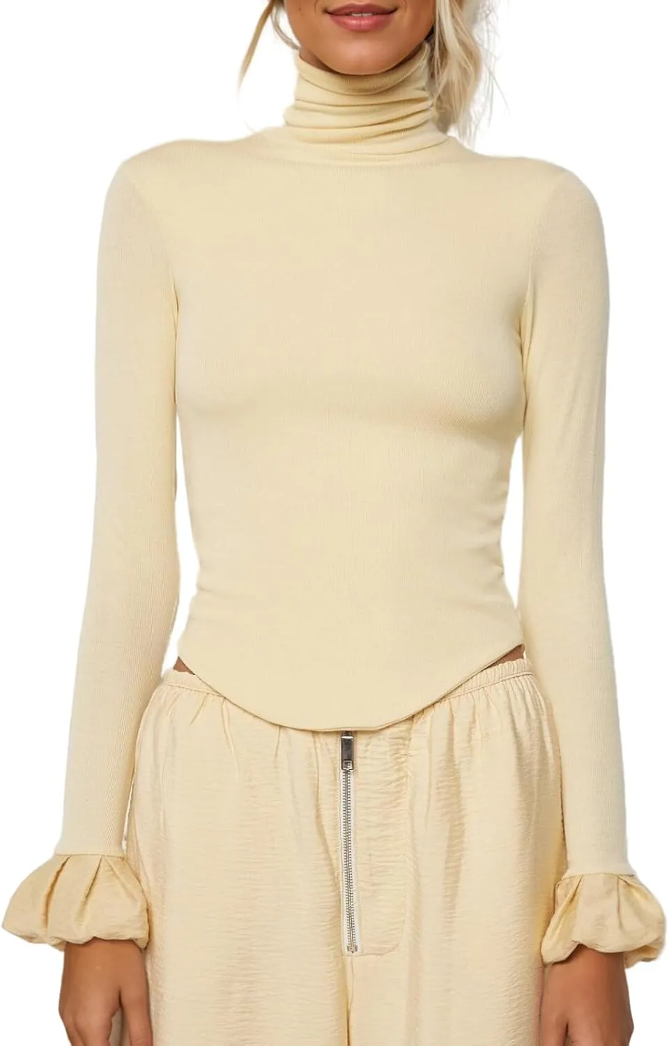 Women Y2k Turtleneck Rib Knit Top Long Sleeve Slim Fit Ruffled Cuffs Blouse Shirt Fall Aesthetic Going Out Top