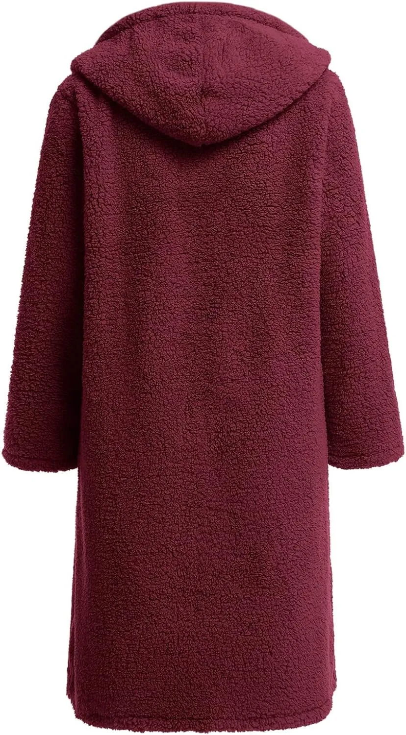 Women's Long Winter Coat Oversized Fuzzy Fleece Jacket Hooded Button Down Faux Fur Warm Outerwear with Pockets