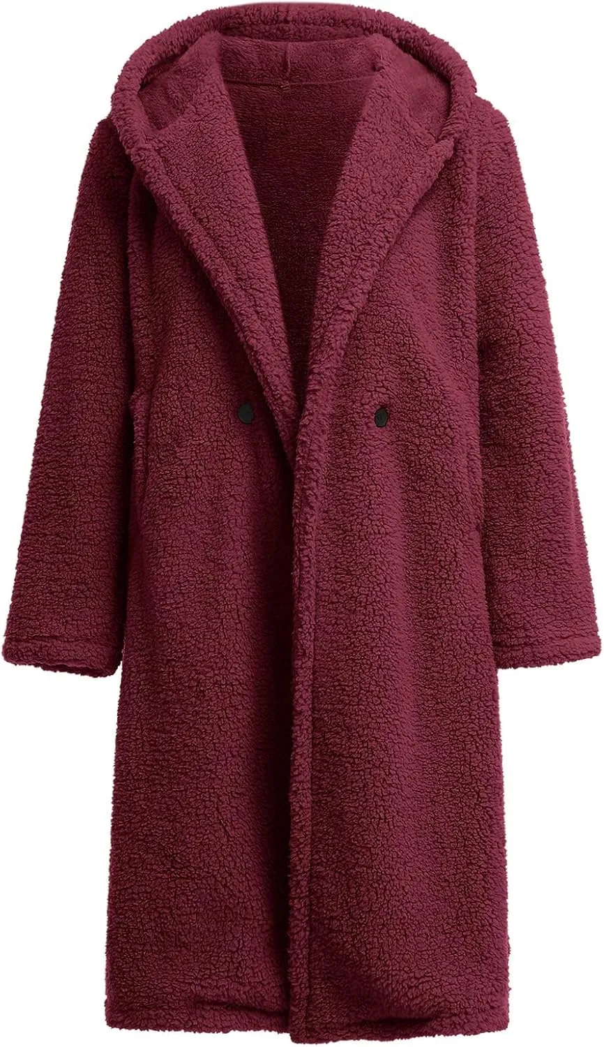Women's Long Winter Coat Oversized Fuzzy Fleece Jacket Hooded Button Down Faux Fur Warm Outerwear with Pockets