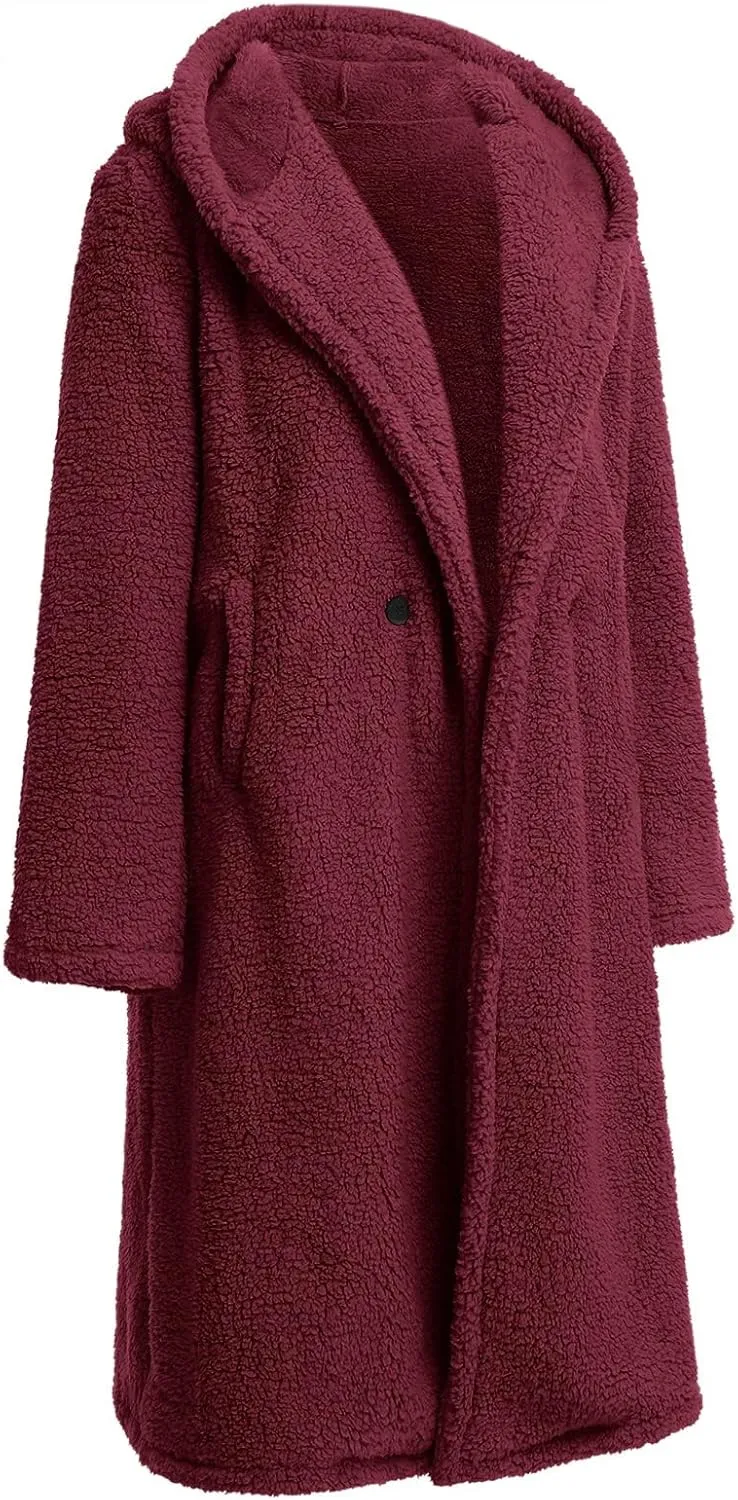Women's Long Winter Coat Oversized Fuzzy Fleece Jacket Hooded Button Down Faux Fur Warm Outerwear with Pockets