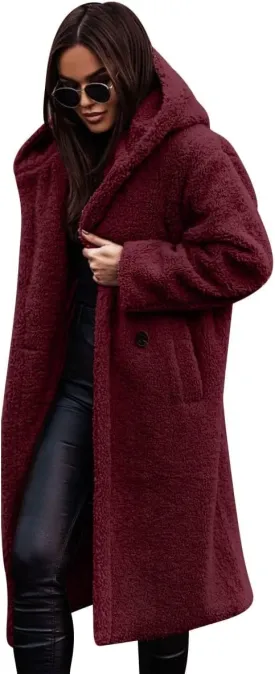 Women's Long Winter Coat Oversized Fuzzy Fleece Jacket Hooded Button Down Faux Fur Warm Outerwear with Pockets