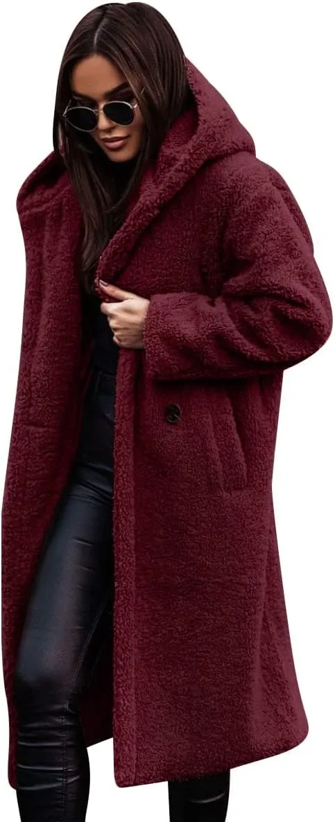 Women's Long Winter Coat Oversized Fuzzy Fleece Jacket Hooded Button Down Faux Fur Warm Outerwear with Pockets