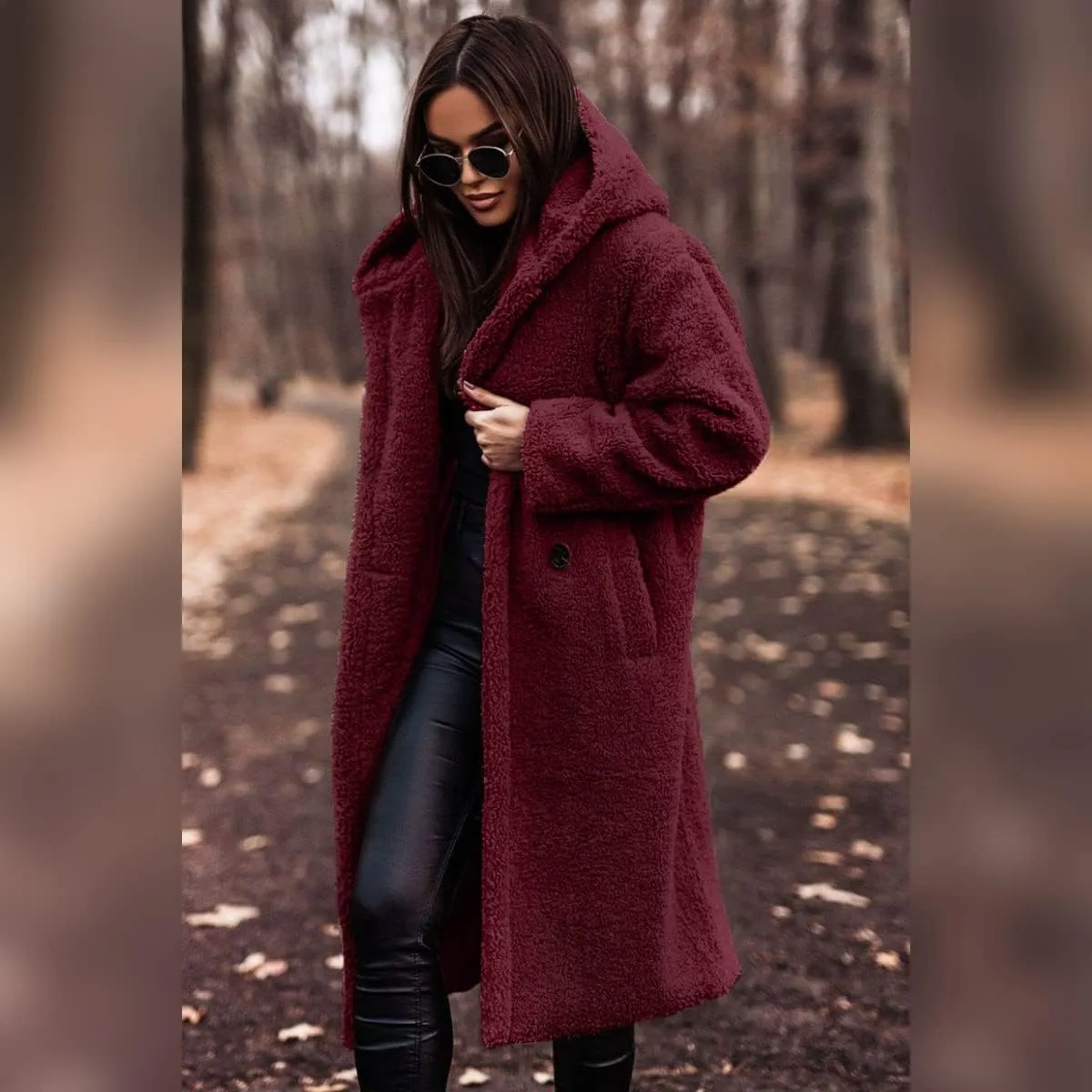 Women's Long Winter Coat Oversized Fuzzy Fleece Jacket Hooded Button Down Faux Fur Warm Outerwear with Pockets